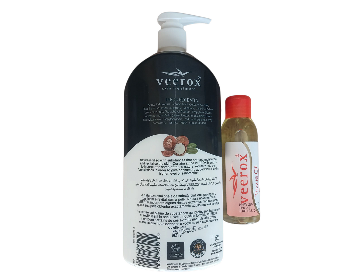 Veerox Skin Treatment. Sheer Butter Active Moisturizing Lotion and Tissue Oil Bundle (1 litre lotion and 125ml Tissue oil)