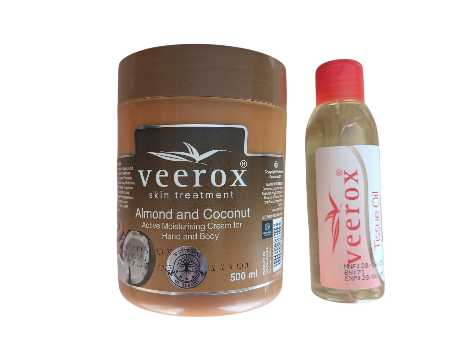 Veerox Almond and Coconut Active Moisturizing Cream and Tissue Oil Bundle (500ml cream and 125ml Tissue Oil)