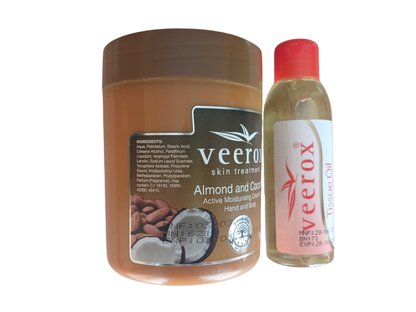 Veerox Almond and Coconut Active Moisturizing Cream and Tissue Oil Bundle (500ml cream and 125ml Tissue Oil)