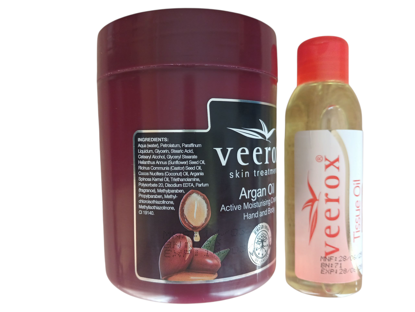 Veerox Argan Oil Active Moisturizing cream and Tissue Oil Bundle (500ml cream and 125ml tissue oil)