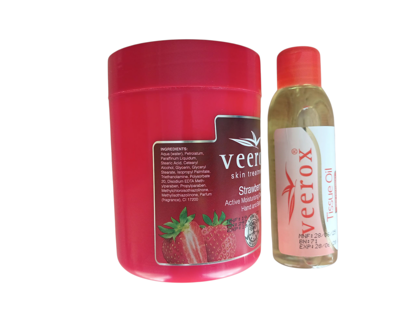 Veerox Strawberry Active Moisturizing Cream and Tissue Oil Bundle (500ml cream and 125ml Tissue Oil)