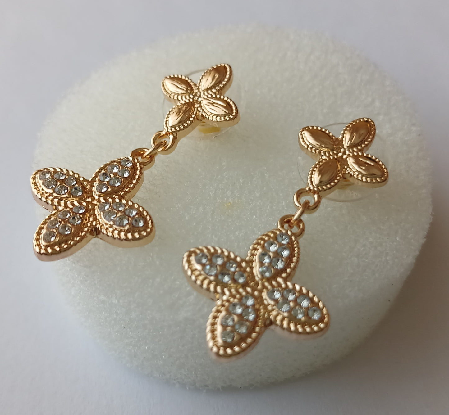 Gold Diamante Double Flower Drop Earrings