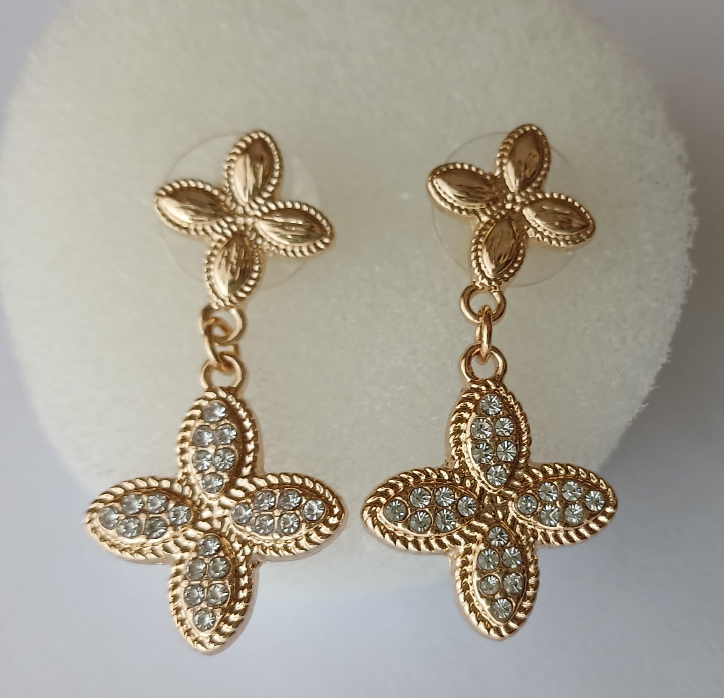 Gold Diamante Double Flower Drop Earrings