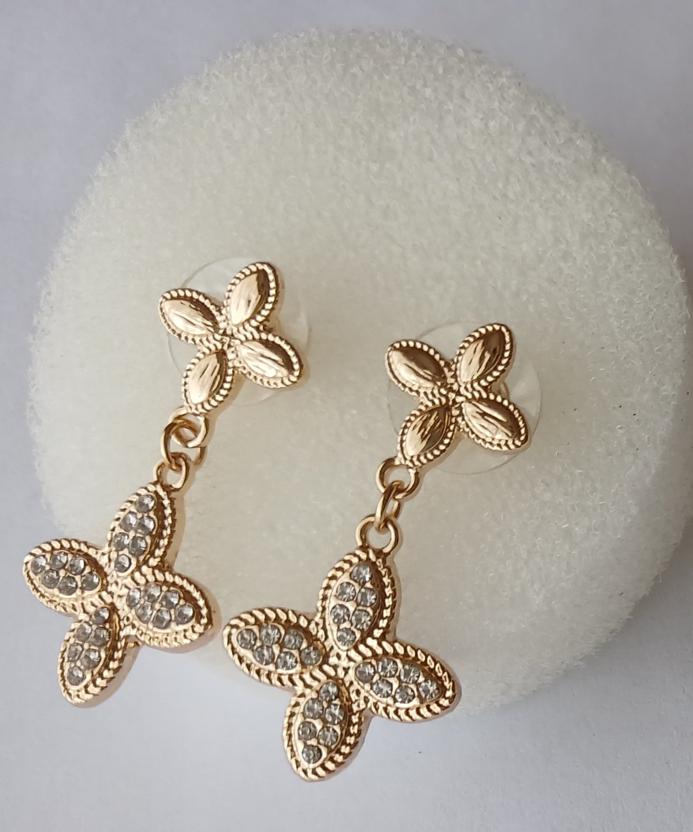 Gold Diamante Double Flower Drop Earrings