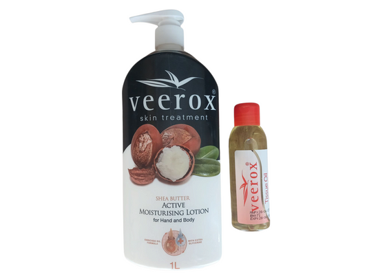 Veerox Skin Treatment.  Sheer Butter Active Moisturizing Lotion and Tissue Oil Bundle (1 litre lotion and 125ml Tissue oil)