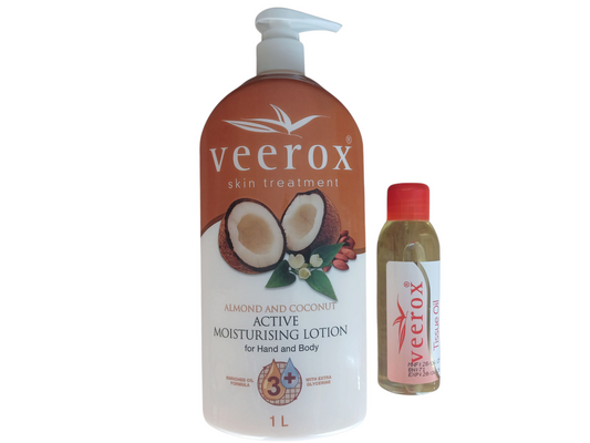 Veerox Almond and Coconut Active Moisturizing Lotion and Tissue oil bundle (1L lotion and 125ml tissue oil)