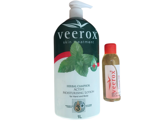Veerox Herbal Camphor Active Moisturizing Lotion and Tissue Oil bundle (1 litre lotion and 125ml Tissue Oil)