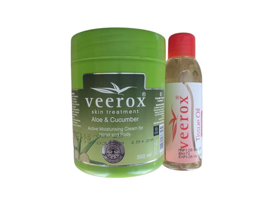 Veerox Aloe and Cucumber Moisturizing Cream and Tissue Oil bundle (500ml cream and 125ml Tissue Oil)