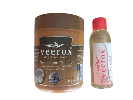 Veerox Almond and Coconut Active Moisturizing Cream and Tissue Oil Bundle (500ml cream and 125ml Tissue Oil)