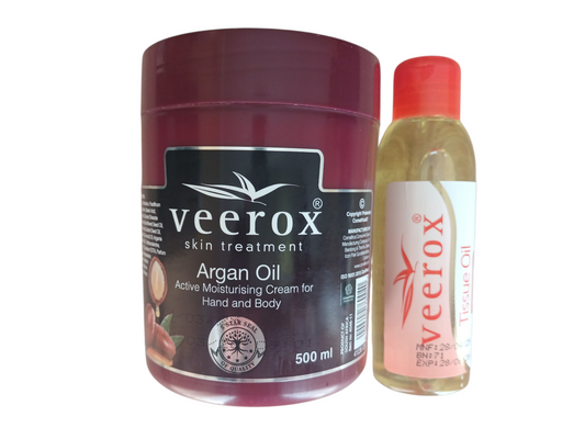 Veerox Argan Oil Active Moisturizing cream and Tissue Oil Bundle (500ml cream and 125ml tissue oil)