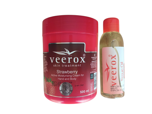 Veerox Strawberry Active Moisturizing Cream and Tissue Oil Bundle (500ml cream and 125ml Tissue Oil)