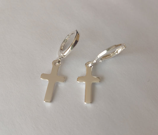 Silver Plain Cross Huggie Earrings