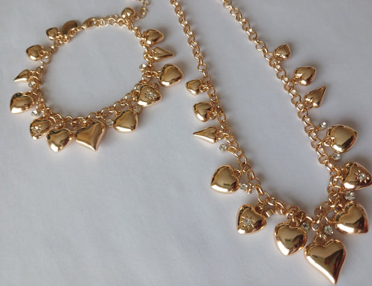 Gold Plated Diamante Heart Charm Necklace and Bracelet set