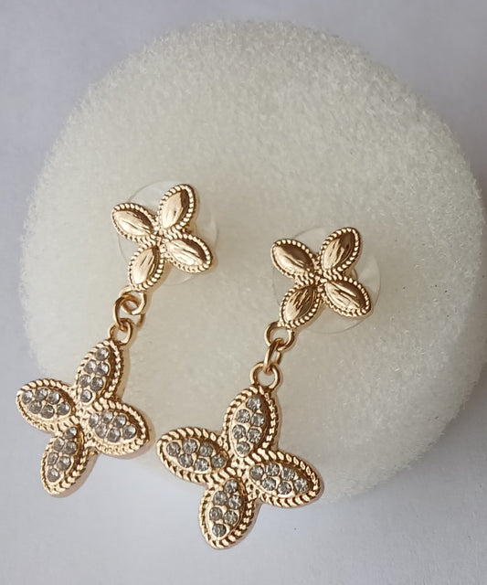 Gold Diamante Double Flower Drop Earrings