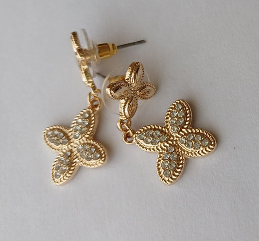 Gold Diamante Double Flower Drop Earrings