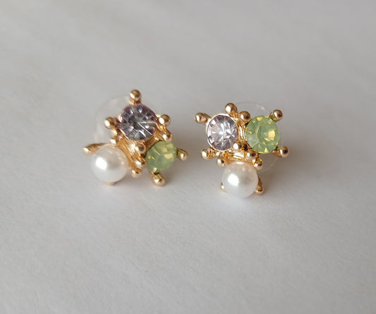 Gold Plated Multi Stone Cluster Pearl Earrings